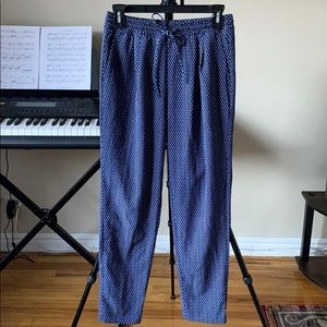 Navy Blue Elastic Waist Pants With White Flowers